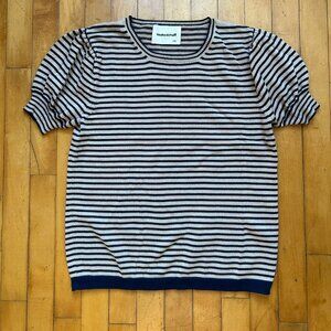 Misha and Puff women Pima short sleeve knit top in tan and navy stripe sz S